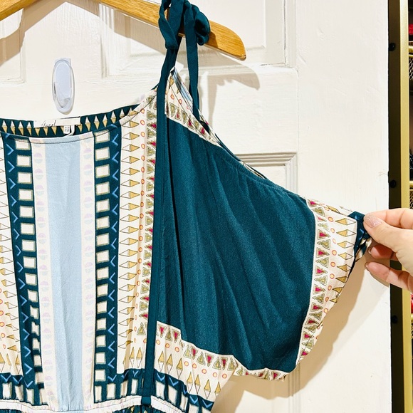 FLOREAT Anthropologie Teal Cold Shoulder Tribal Print Dress Elastic Waist 10P - Picture 6 of 7